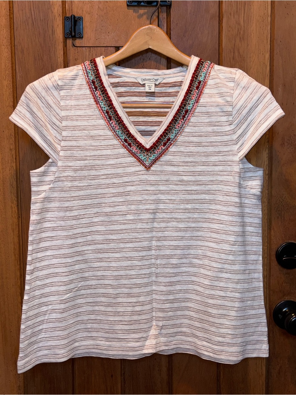 Coldwater Creek Striped V-Neck Embroidered Women’s Top